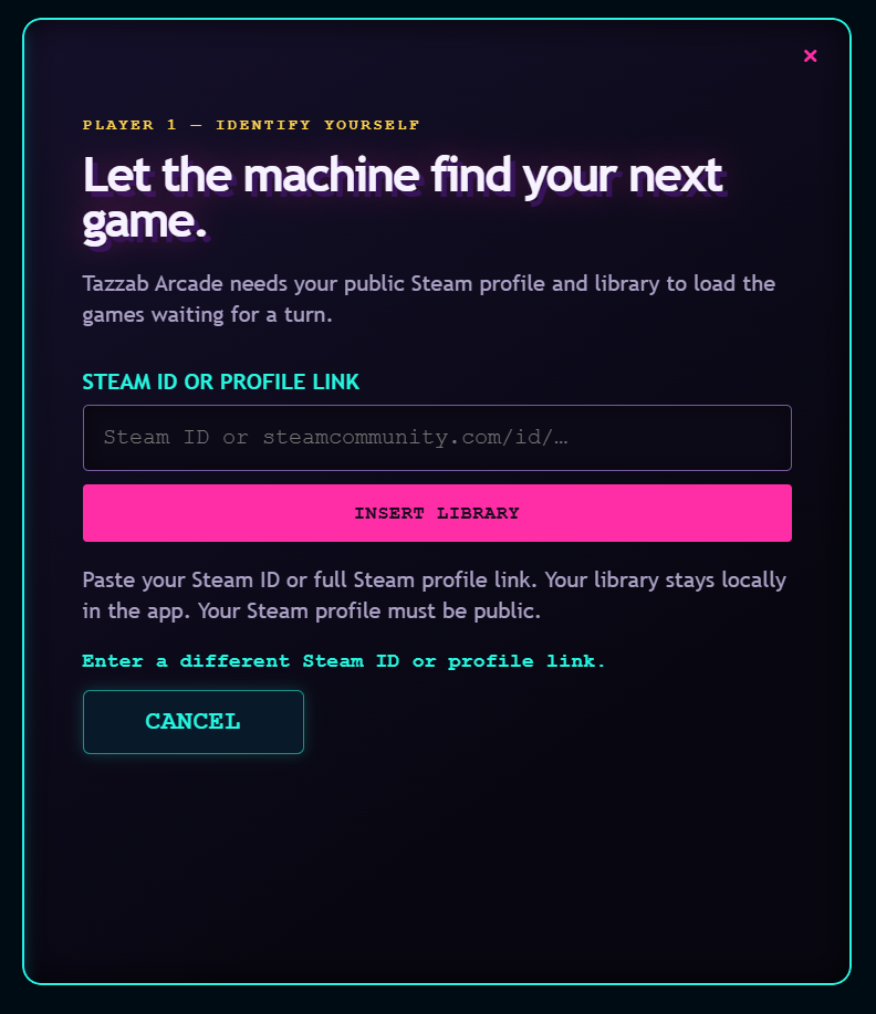 Tazzab Arcade Steam account setup window requesting a public Steam ID or profile link