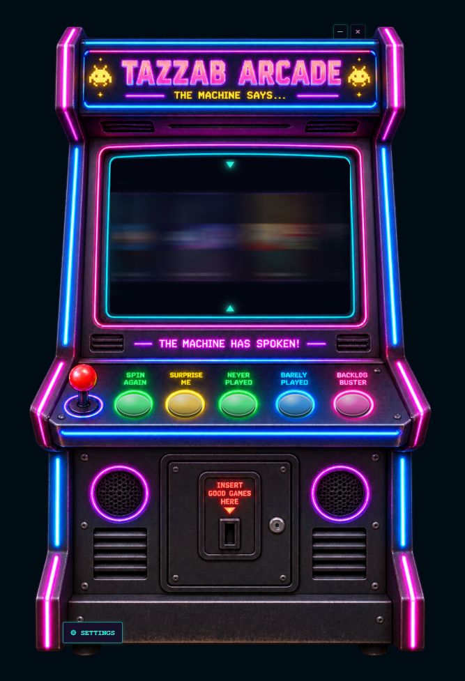 Tazzab Arcade still reel selection image with motion-blurred game covers