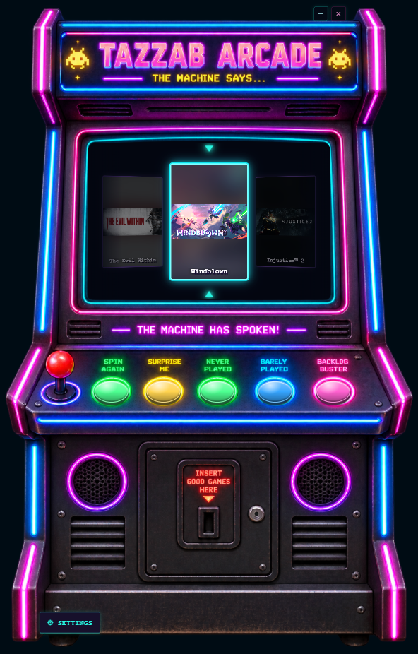 Tazzab Arcade cabinet showing a selected Steam game in the centre reel